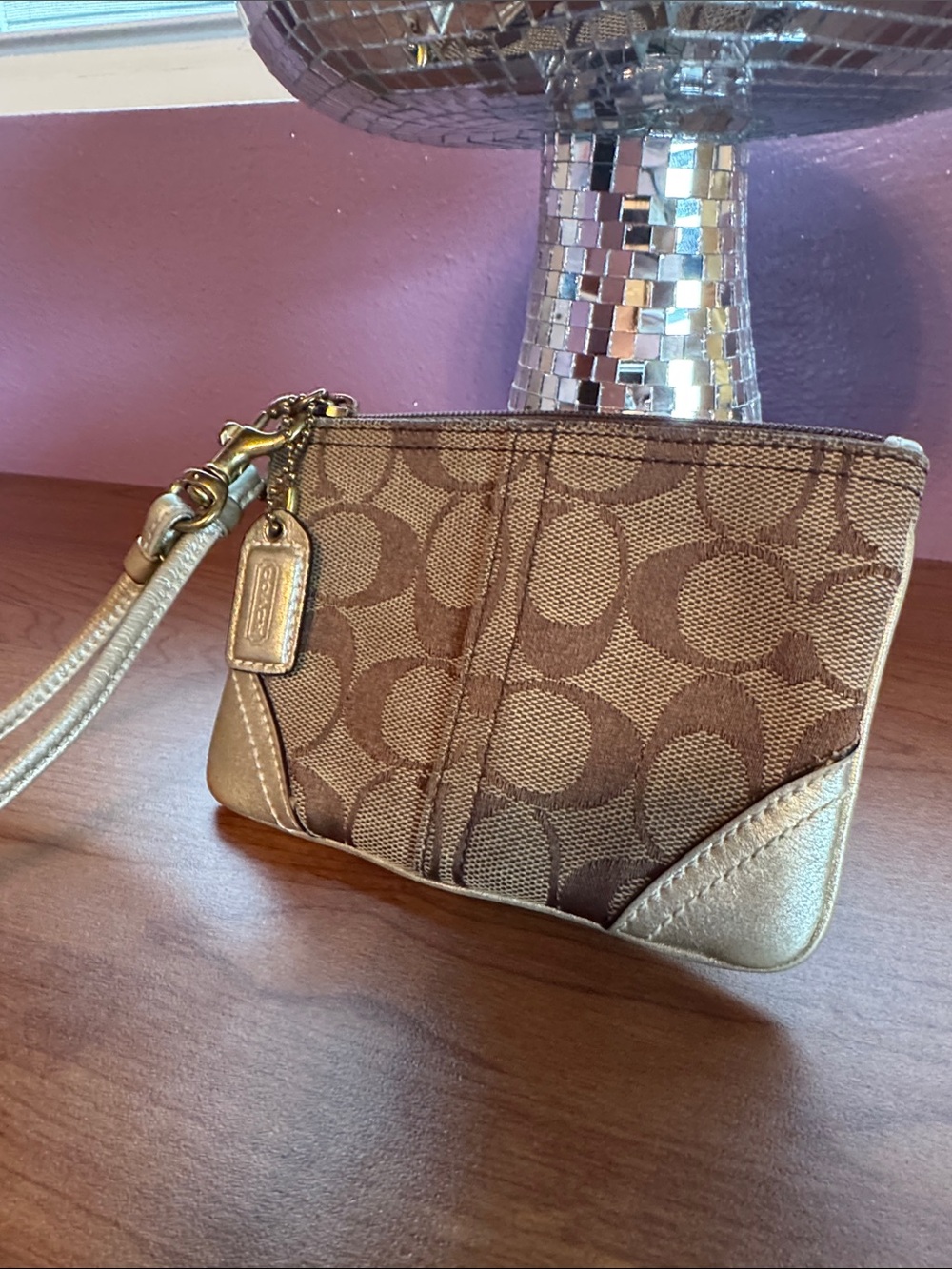 Vintage Coach Brown and Tan Signature Wristlet with Metallic Accents
